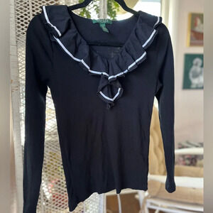 Lauren Ralph Lauren Petites Small Black Ruffle V Neck Cotton Long Sleeve Sweater